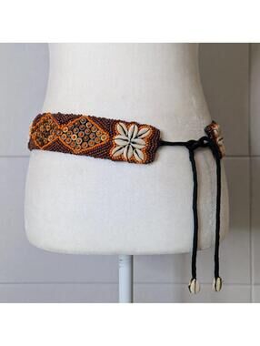 Vintage y2k cowrie shell beaded wide tie belt